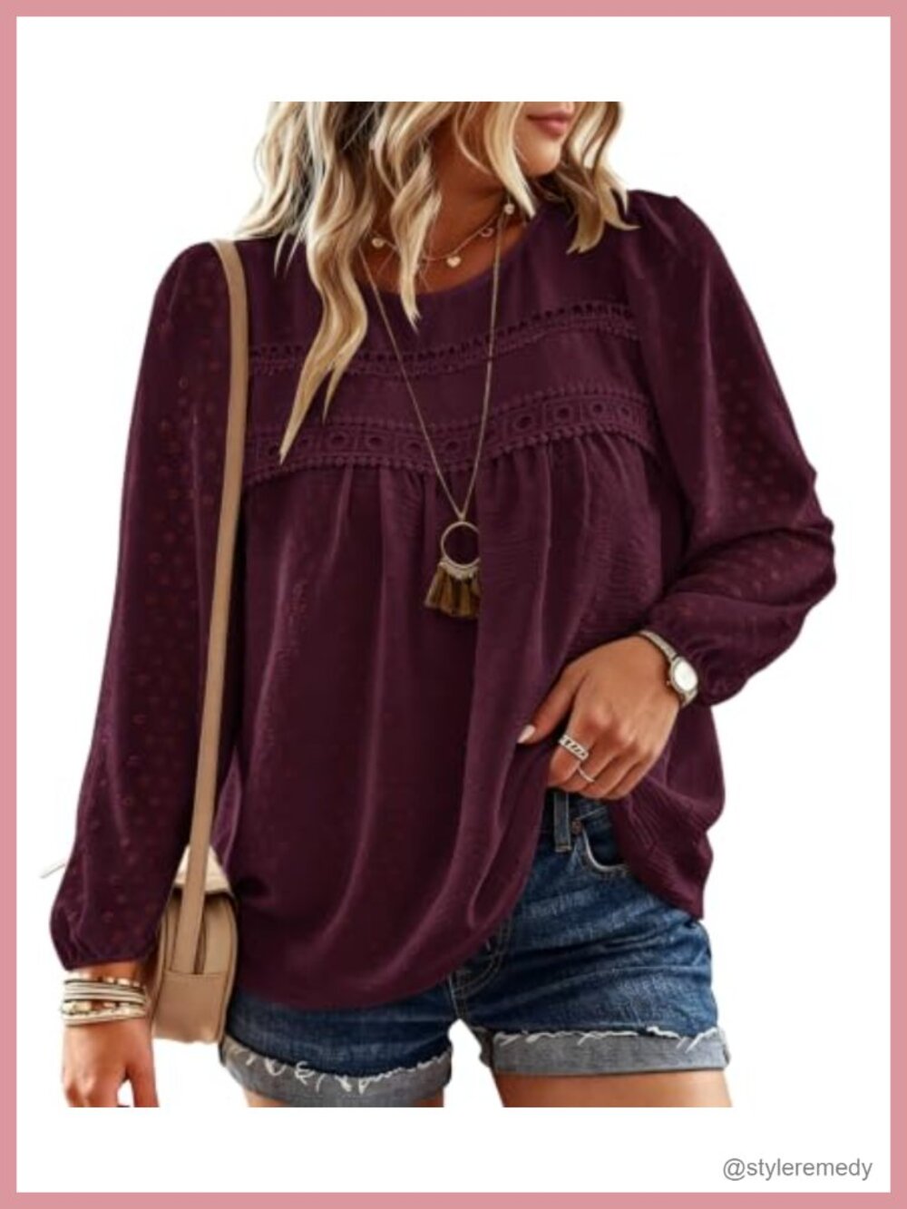 Plus Size Boho Tunic Top Long Sleeve Lace Hem Flowy Blouse